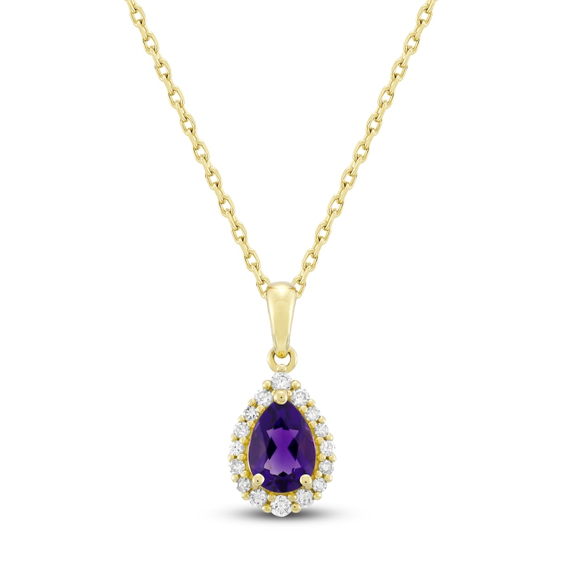 Main Image 1 of Pear-Shaped Natural Amethyst & Diamond Necklace 1/6 ct tw 10K Yellow Gold 18"