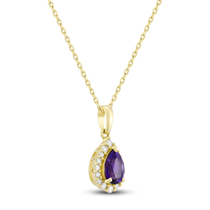 Main Image 2 of Pear-Shaped Natural Amethyst & Diamond Necklace 1/6 ct tw 10K Yellow Gold 18"