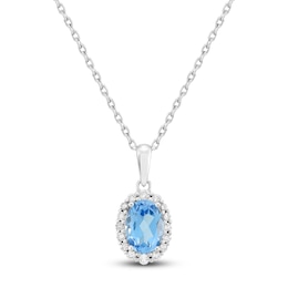 Oval-Cut Natural Swiss Blue Topaz & Diamond Necklace 1/6 ct tw 10K White Gold 18"