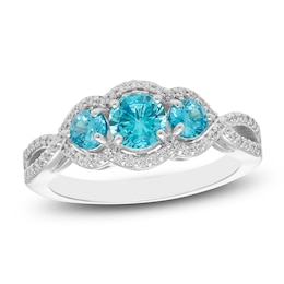 Natural Swiss Blue Topaz & Diamond Three-Stone Ring 1/6 ct tw Sterling Silver