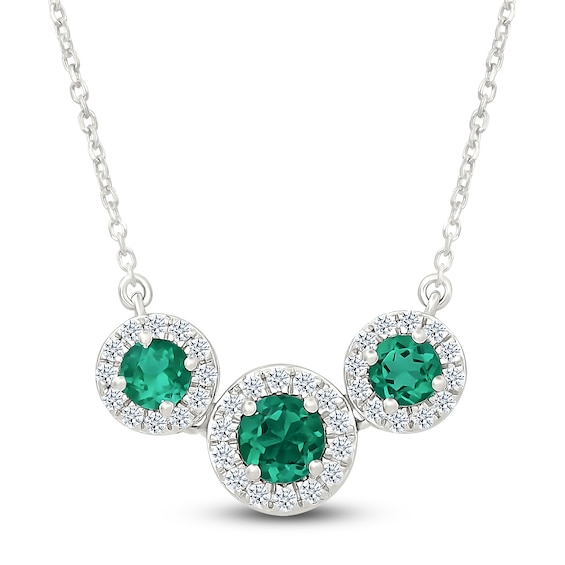Lab-Created Emerald & White Lab-Created Sapphire Three-Stone Necklace Sterling Silver 18"