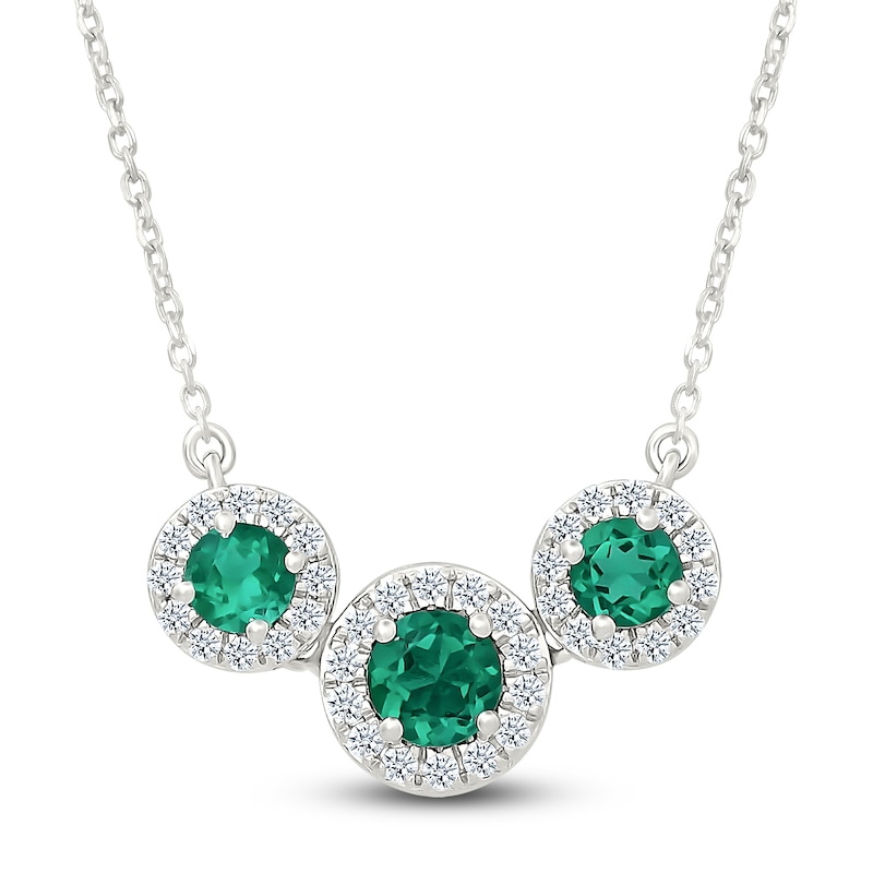 Main Image 1 of Lab-Created Emerald & White Lab-Created Sapphire Three-Stone Necklace Sterling Silver 18"