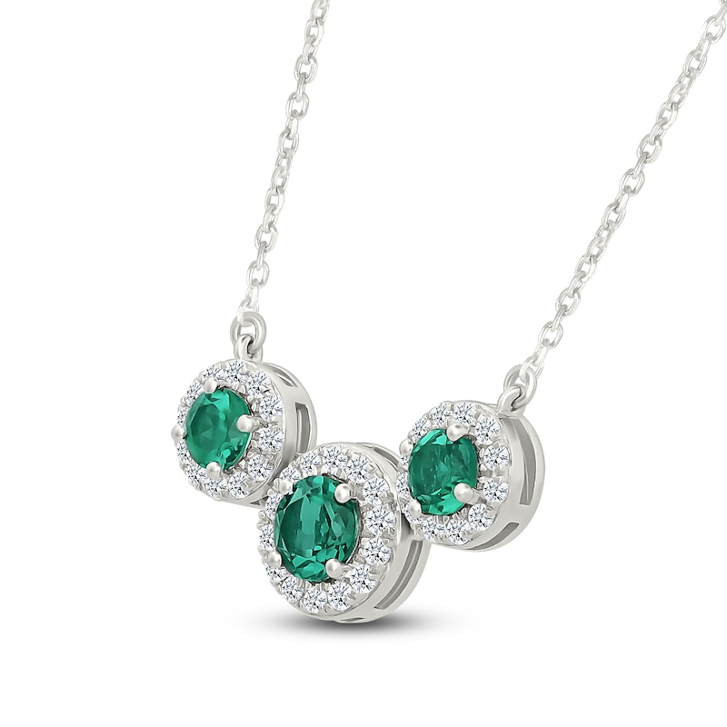 Main Image 2 of Lab-Created Emerald & White Lab-Created Sapphire Three-Stone Necklace Sterling Silver 18"