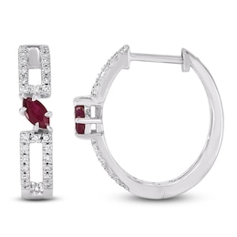 Marquise-Cut Natural Ruby & Diamond Hoop Earrings 1/6 ct tw 14K White Gold