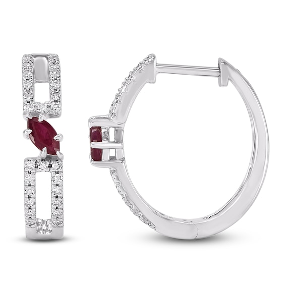 Marquise-Cut Natural Ruby & Diamond Hoop Earrings 1/6 ct tw 14K White Gold