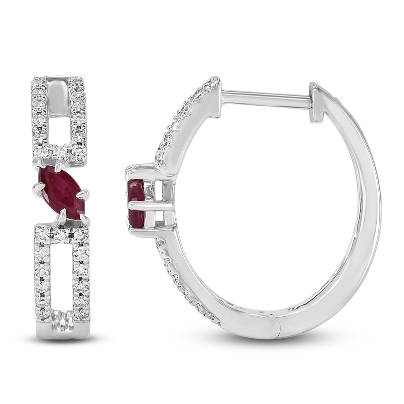 Main Image 1 of Marquise-Cut Natural Ruby & Diamond Hoop Earrings 1/6 ct tw 14K White Gold