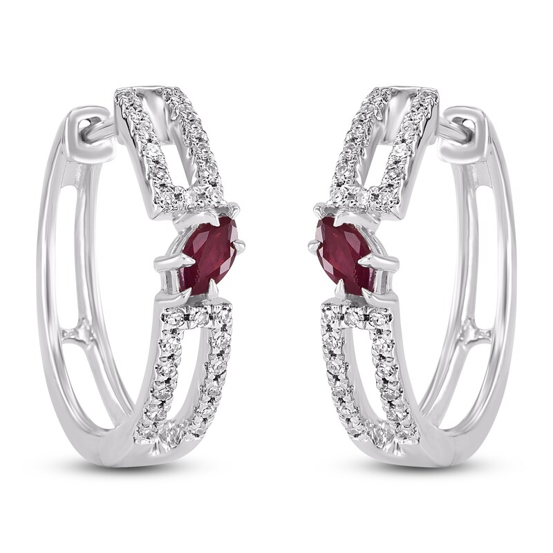 Main Image 2 of Marquise-Cut Natural Ruby & Diamond Hoop Earrings 1/6 ct tw 14K White Gold