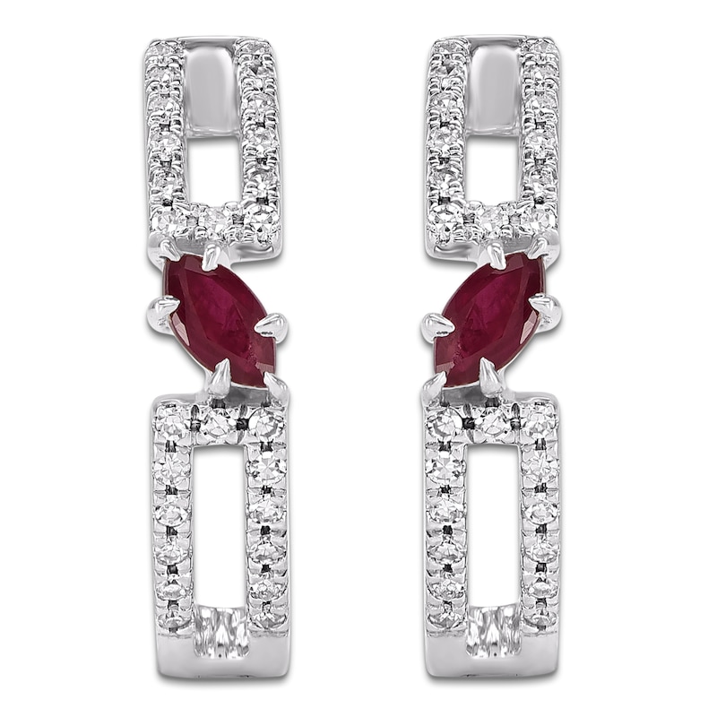 Main Image 3 of Marquise-Cut Natural Ruby & Diamond Hoop Earrings 1/6 ct tw 14K White Gold