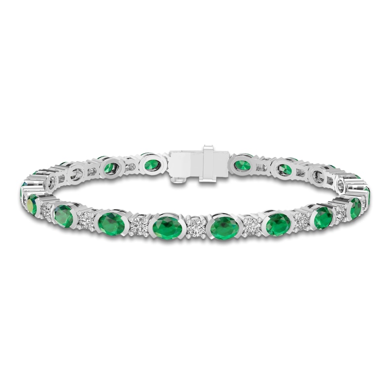 Main Image 1 of Oval-Cut Lab-Created Emerald & Round-Cut White Lab-Created Sapphire Bracelet Sterling Silver 7.25"