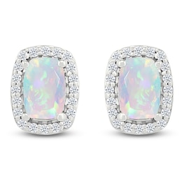 Cushion-Cut Lab-Created Opal & White Lab-Created Sapphire Halo Earrings Sterling Silver