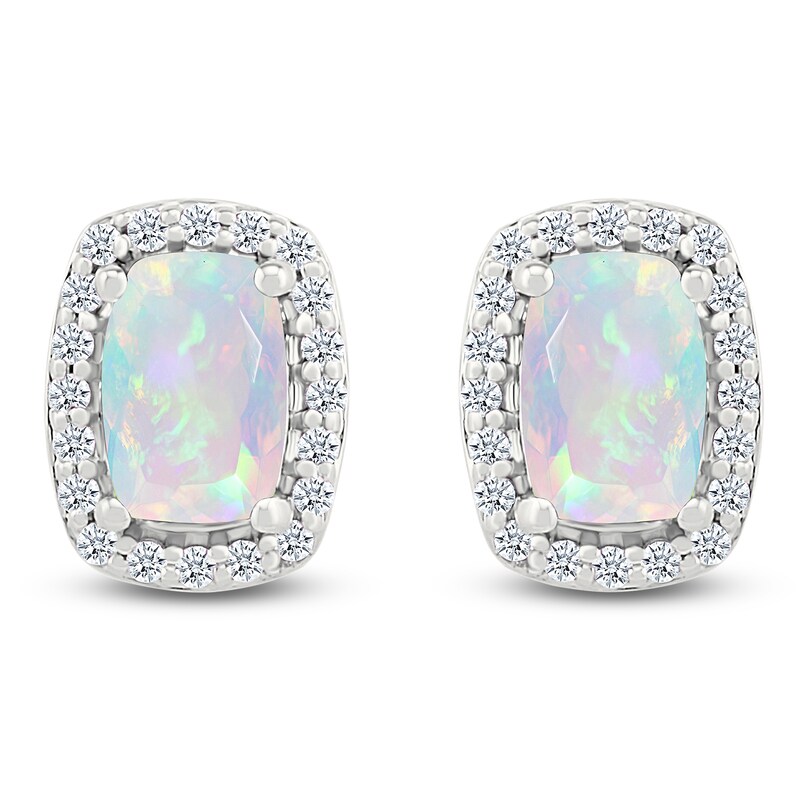 Main Image 1 of Cushion-Cut Lab-Created Opal & White Lab-Created Sapphire Halo Earrings Sterling Silver