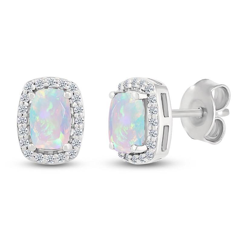 Main Image 2 of Cushion-Cut Lab-Created Opal & White Lab-Created Sapphire Halo Earrings Sterling Silver