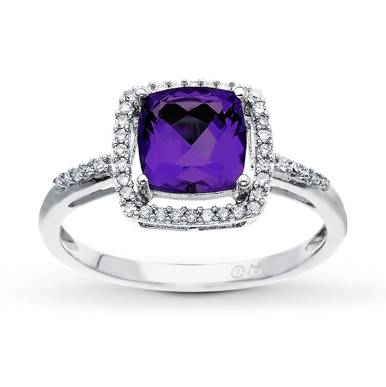 Amethyst Ring Cushion-Cut with 1/8 ct tw Diamonds 10K White Gold