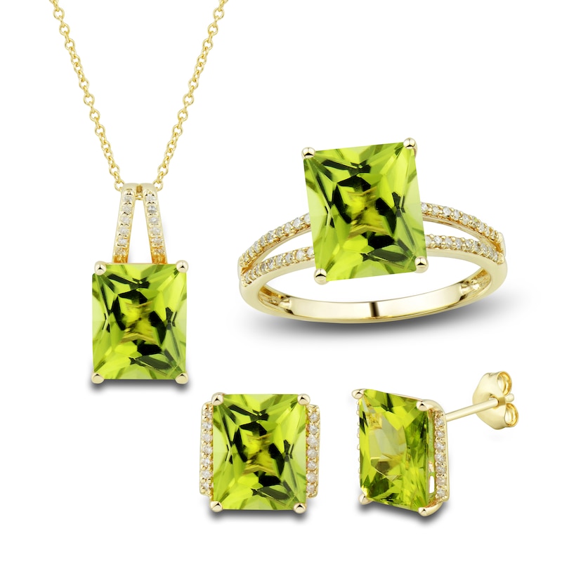 Main Image 1 of Natural Peridot Ring, Earring & Necklace Set 1/5 ct tw Diamonds 10K Yellow Gold