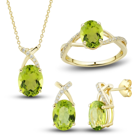 Natural Peridot & Diamond Ring, Earring & Necklace Set 1/5 ct tw 10K Yellow Gold
