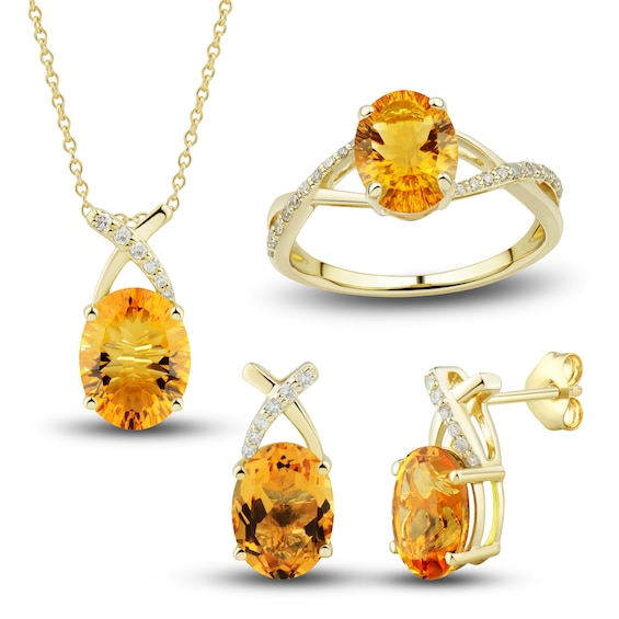 Natural Citrine Ring, Earring & Necklace Set 1/5 ct tw Diamonds 10K Yellow Gold