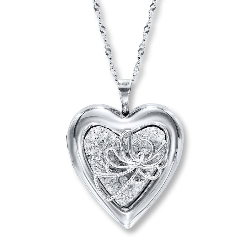 Main Image 1 of Heart Locket Necklace Angel & Crystals Sterling Silver 18"