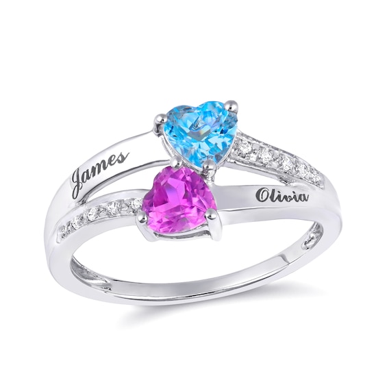 Couple's Heart-Shaped Birthstone Ring 1/20 ct tw Diamonds (2 Stones and Lines)
