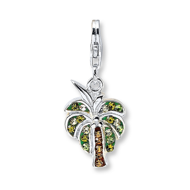 Main Image 1 of Palm Tree Charm Brown & Green Crystals Sterling Silver