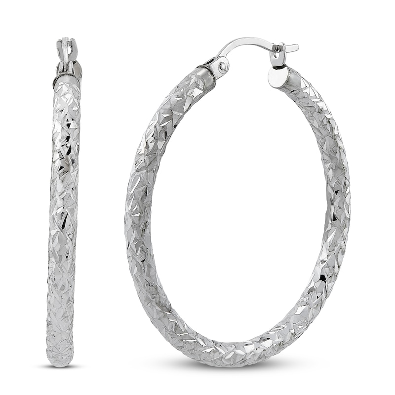 Main Image 1 of Crystal Cut Hoop Earrings Sterling Silver 35mm