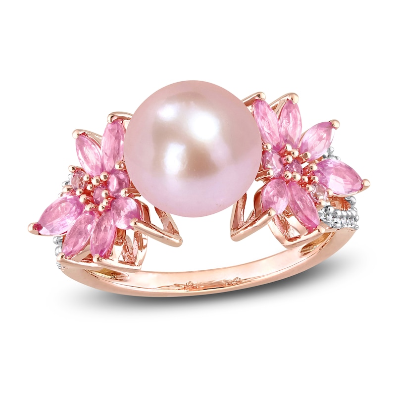 Main Image 1 of Pink Freshwater Cultured Pearl & Natural Pink Sapphire Ring 1/8 ct tw Diamonds 14K Rose Gold