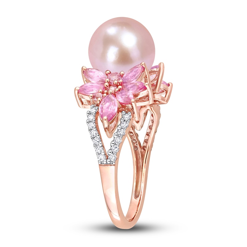 Main Image 2 of Pink Freshwater Cultured Pearl & Natural Pink Sapphire Ring 1/8 ct tw Diamonds 14K Rose Gold