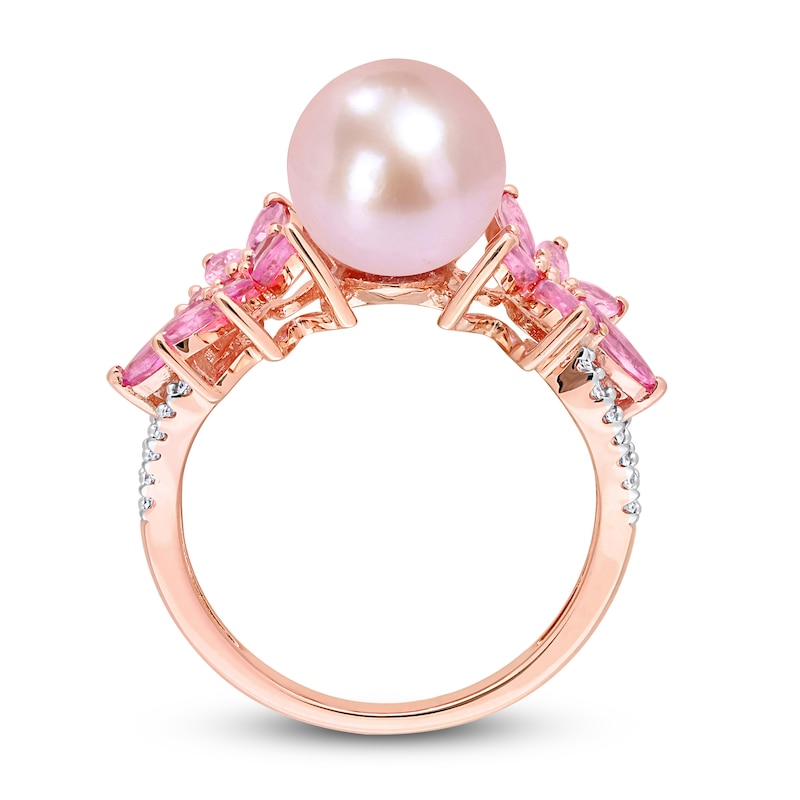 Main Image 3 of Pink Freshwater Cultured Pearl & Natural Pink Sapphire Ring 1/8 ct tw Diamonds 14K Rose Gold