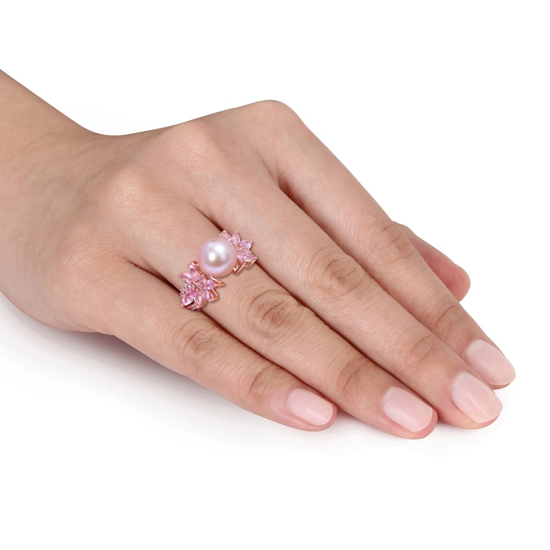 Main Image 5 of Pink Freshwater Cultured Pearl & Natural Pink Sapphire Ring 1/8 ct tw Diamonds 14K Rose Gold