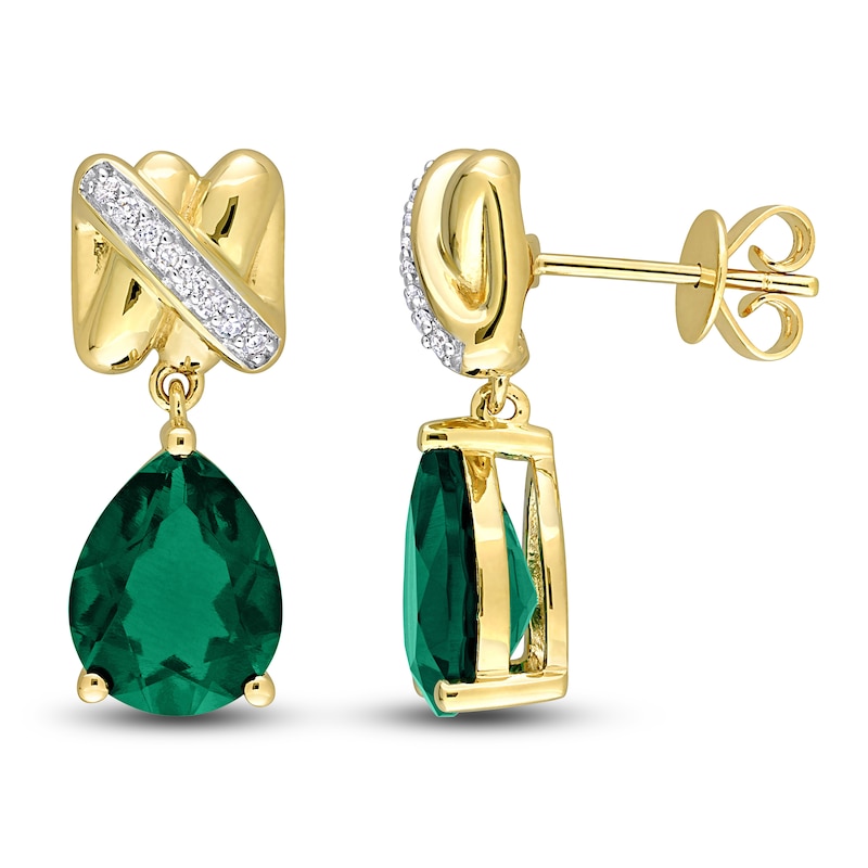 Lab-Created Emerald Earrings 1/15 Diamonds 14K Yellow Gold