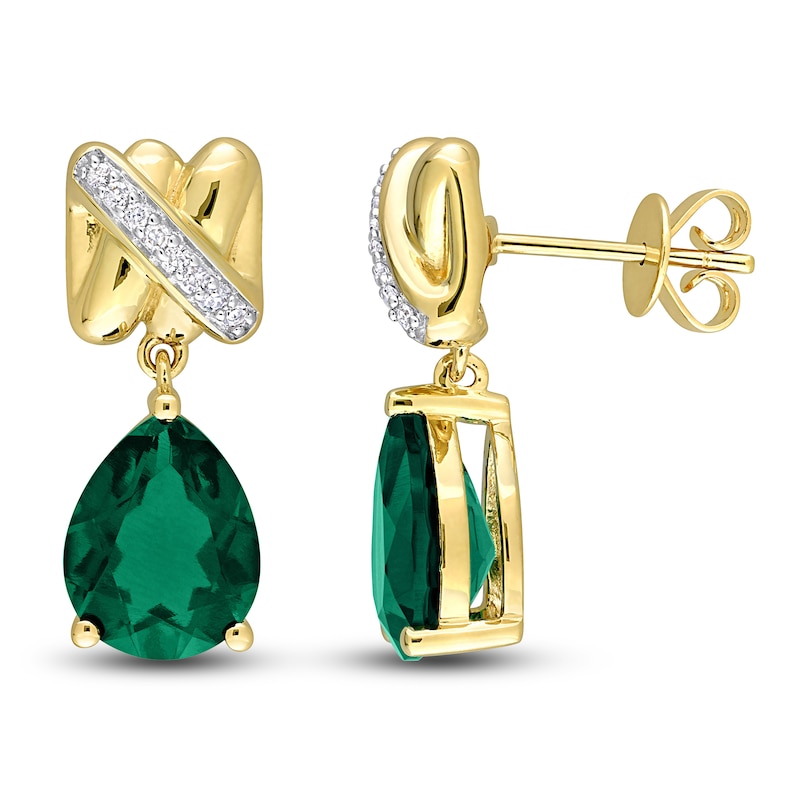 Main Image 1 of Y-Knot Lab-Created Emerald Earrings 1/15 ct tw Diamonds 14K Yellow Gold