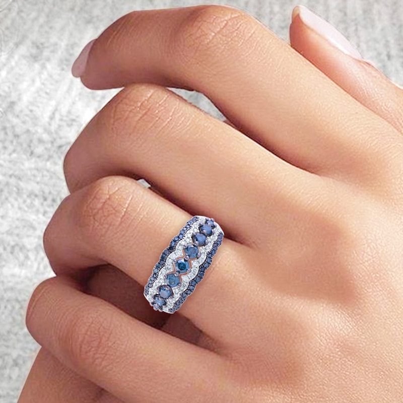 Main Image 4 of Blue & White Diamond Anniversary Band 1 ct tw Round 14K White Gold