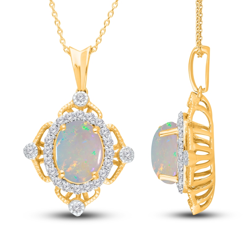 Main Image 2 of Kallati Oval-Cut Natural Opal Pendant Necklace 3/8 ct tw Diamonds 14K Yellow Gold 18"