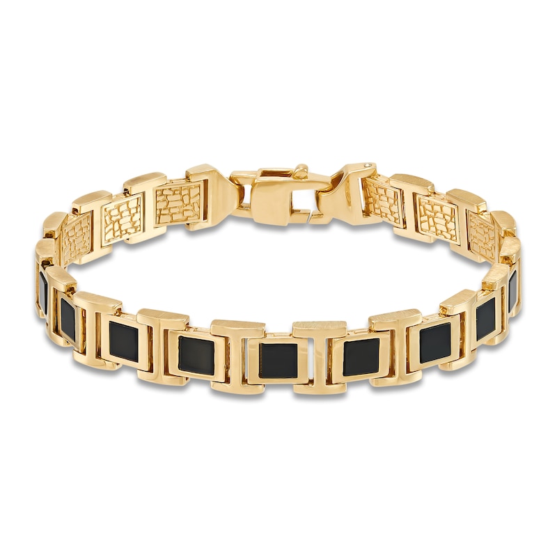 LUSSO by Italia D'Oro Men's Natural Onyx Bracelet 14K Yellow Gold 8.25"