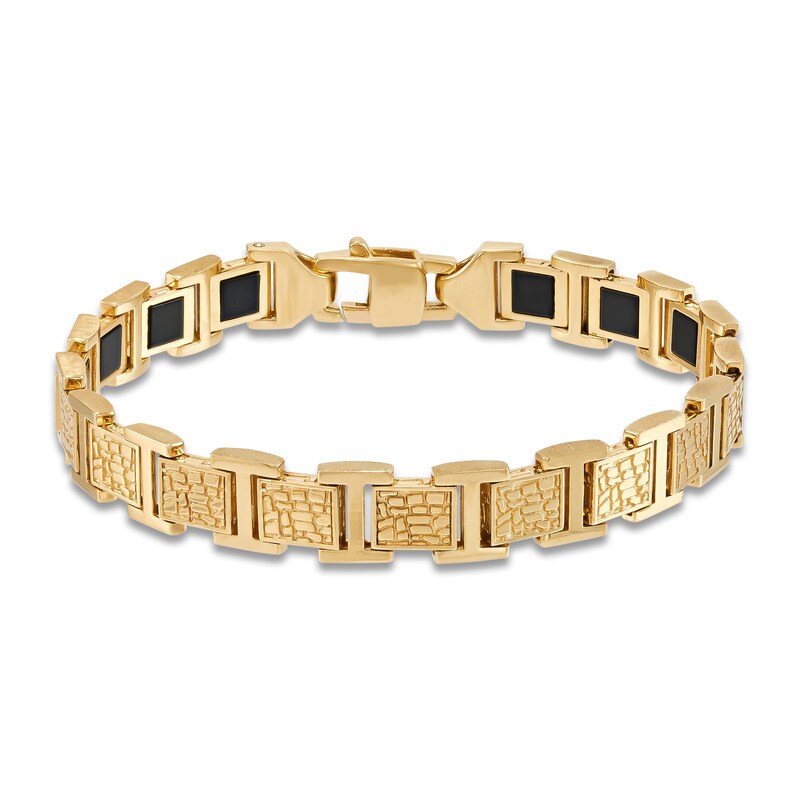 LUSSO by Italia D'Oro Men's Natural Onyx Bracelet 14K Yellow Gold 8.25"