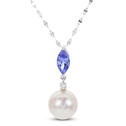 Freshwater Cultured Pearl & Natural Tanzanite Pendant Necklace Diamond Accents 14K White Gold 18"