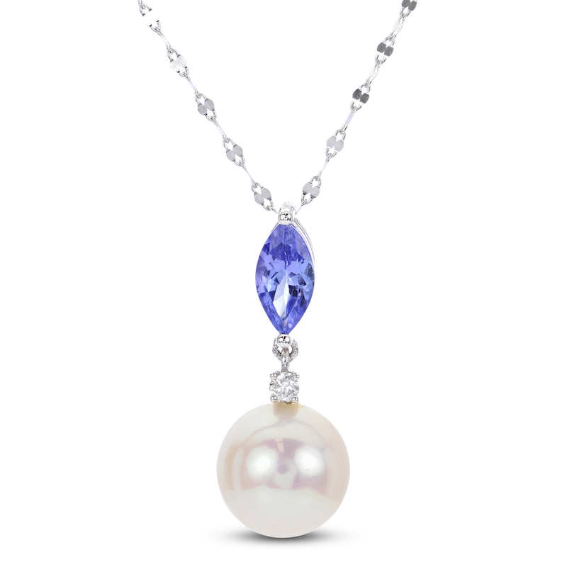 Freshwater Cultured Pearl & Natural Tanzanite Pendant Necklace Diamond Accents 14K White Gold 18"