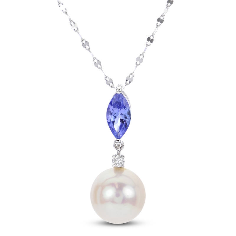 Main Image 1 of Freshwater Cultured Pearl & Natural Tanzanite Pendant Necklace Diamond Accents 14K White Gold 18"
