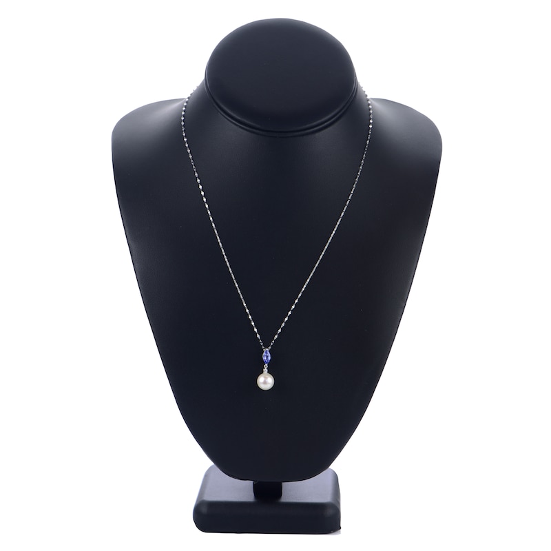 Freshwater Cultured Pearl & Natural Tanzanite Pendant Necklace Diamond Accents 14K White Gold 18"