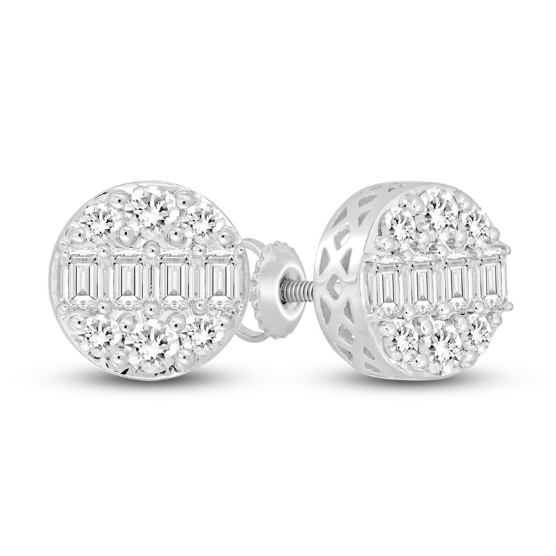 Main Image 1 of Men's Lab-Grown Diamond Stud Earrings 1-1/2 ct tw Round/Emerald-cut 14K White Gold
