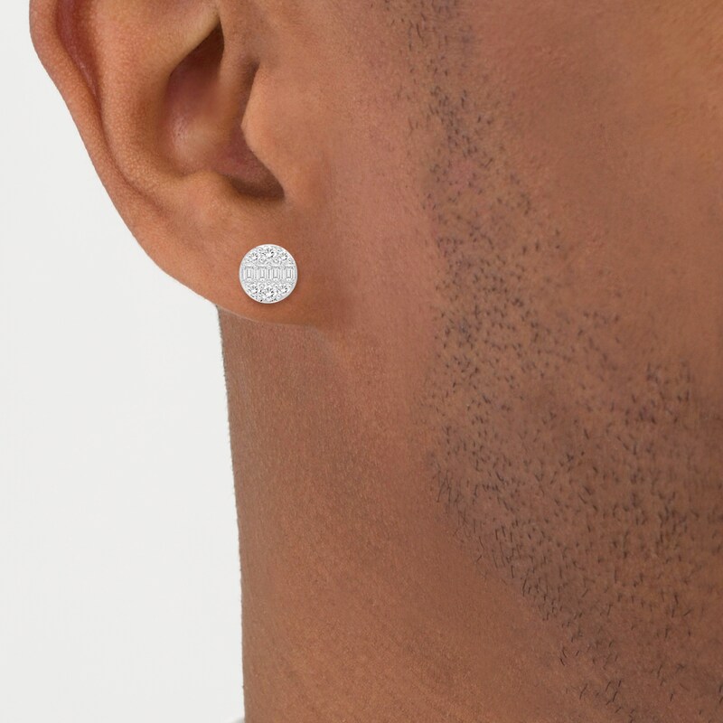 Main Image 3 of Men's Lab-Grown Diamond Stud Earrings 1-1/2 ct tw Round/Emerald-cut 14K White Gold