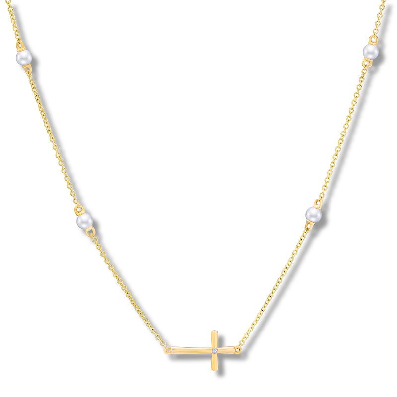 Main Image 1 of Children's Freshwater Cultured Pearl & Diamond Cross Necklace 14K Yellow Gold 13"
