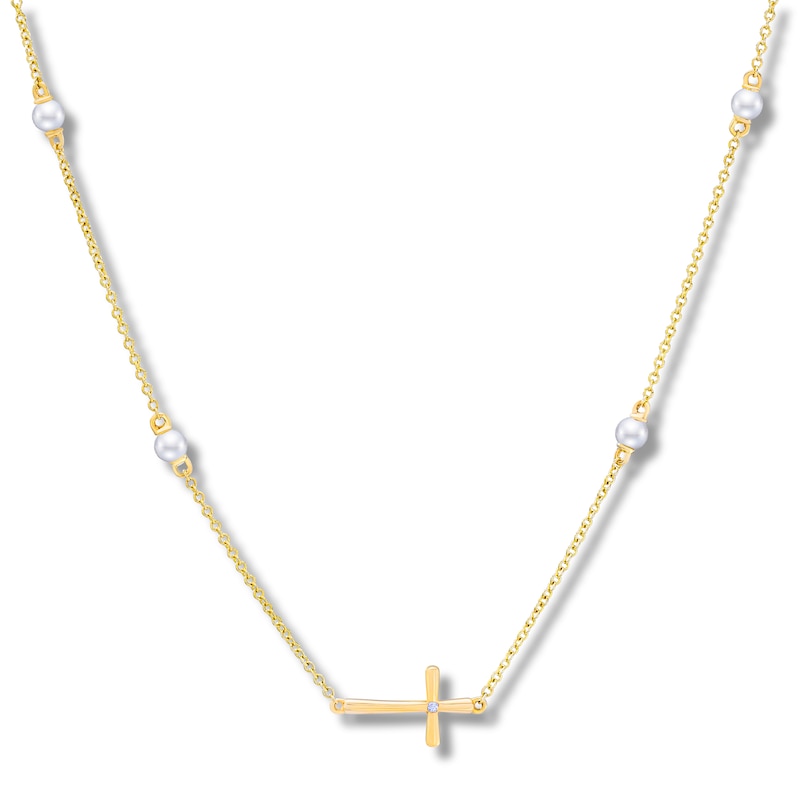 Children's Freshwater Cultured Pearl & Diamond Cross Necklace 14K Yellow Gold 13"