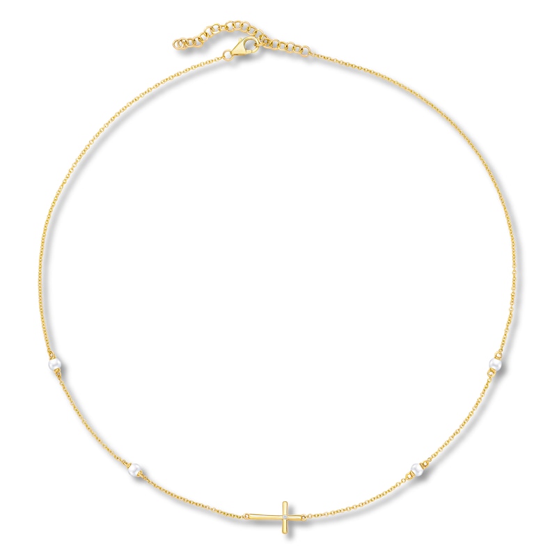 Main Image 2 of Children's Freshwater Cultured Pearl & Diamond Cross Necklace 14K Yellow Gold 13"