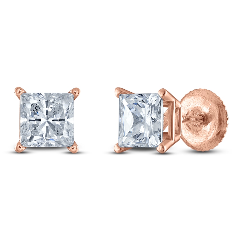 Main Image 2 of Princess-Cut Lab-Grown Diamond Solitaire Stud Earrings 3/4 ct tw 14K Rose Gold (F/SI2)