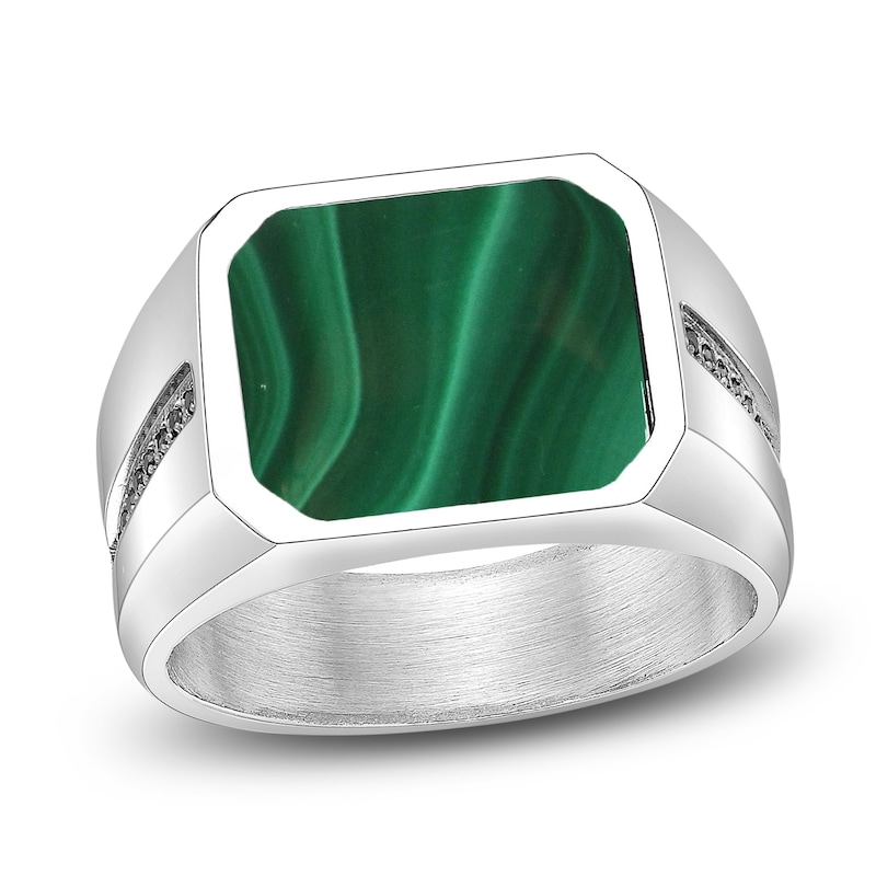 Main Image 1 of Men's Octagon-Cut Natural Malachite & Black Spinel Ring Stainless Steel