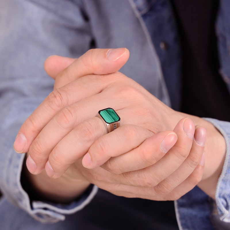 Main Image 7 of Men's Octagon-Cut Natural Malachite & Black Spinel Ring Stainless Steel