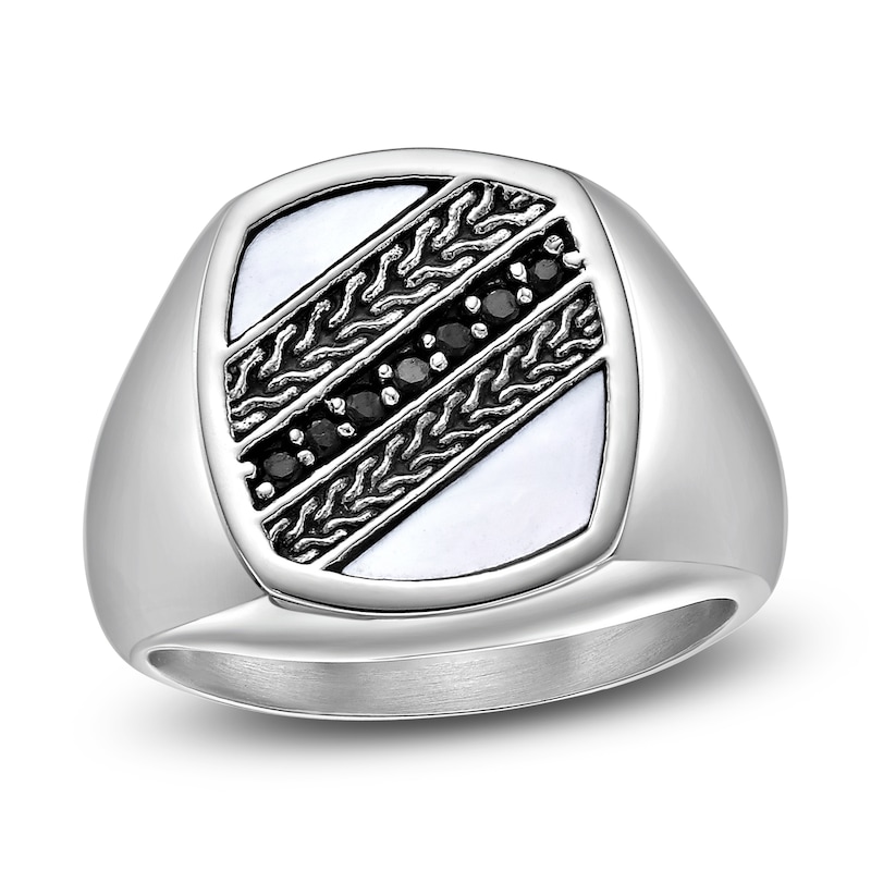 Main Image 1 of Men's Natural Mother-of-Pearl & Black Spinel Textured Ring Stainless Steel
