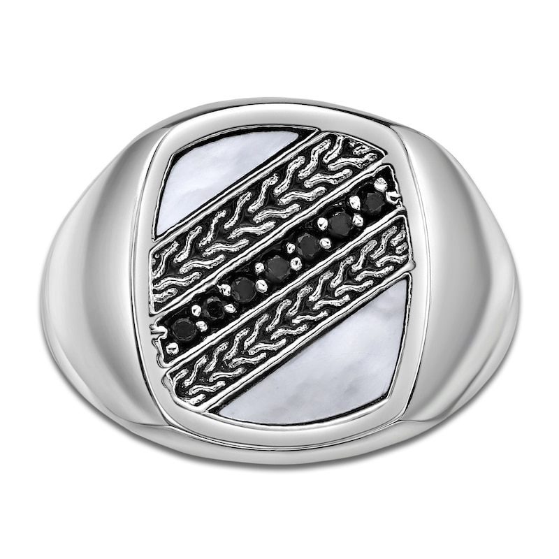 Main Image 3 of Men's Natural Mother-of-Pearl & Black Spinel Textured Ring Stainless Steel