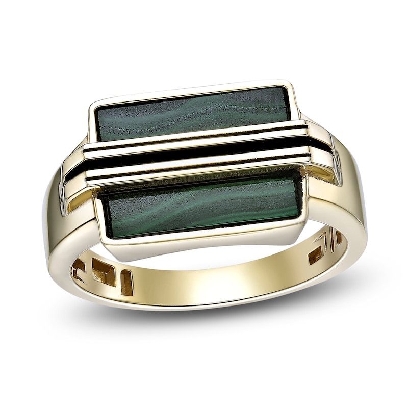 Main Image 1 of Men's Natural Malachite Ring 14K Yellow Gold-Plated Sterling Silver