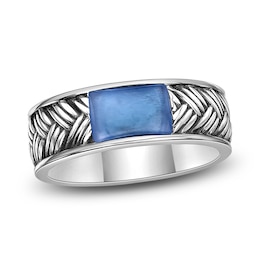 Men's Natural Royal Blue Agate Weave Pattern Ring Sterling Silver